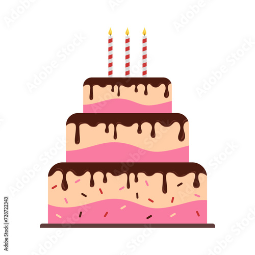 Sweet cake with candles. Birthday chocolate cake with three candles isolated on white background. Sweet dessert for childish holiday and kids anniversary party. Colored flat vector illustration
