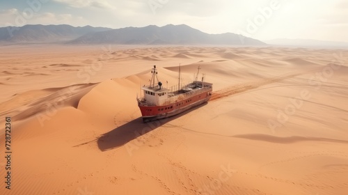 An abandoned and rusty fishing vessel lies wrecked on a dune in the desert without water photo