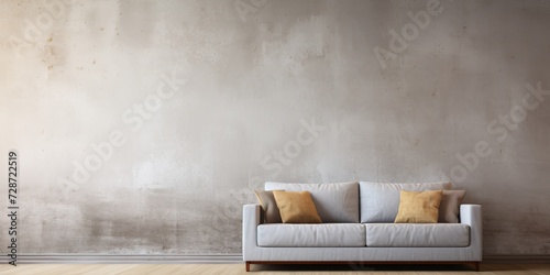 Worn wall and window behind gray sofa.