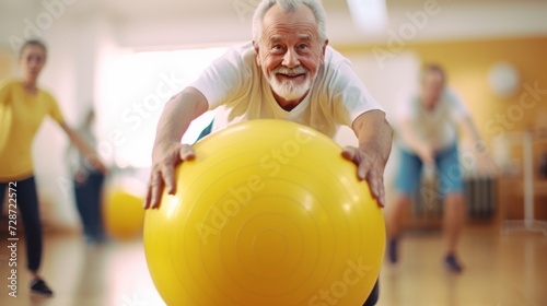 old aged senior man doing sports in a gymnastics studio