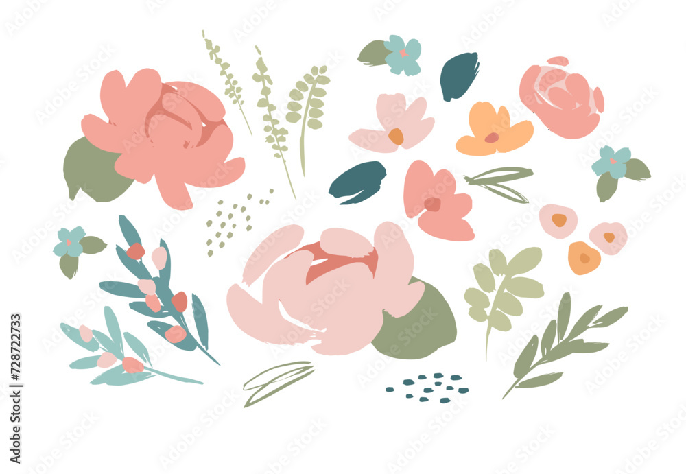 Set of abstract floral design elements. Leaves, flowers, grass, branches Vector Set of abstract floral design elements. Leaves, flowers, grass, branches Vector