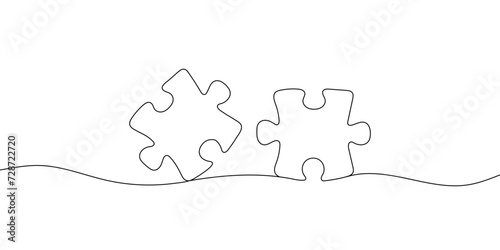 Continuous one line drawing of two puzzle pieces. Isolated. Vector.