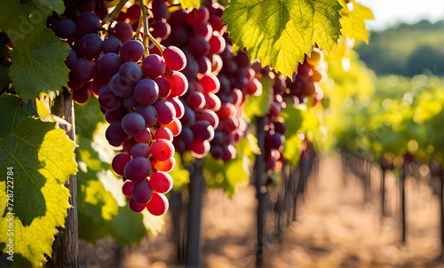 Sunny vineyard with clusters of ripe grapes in focus