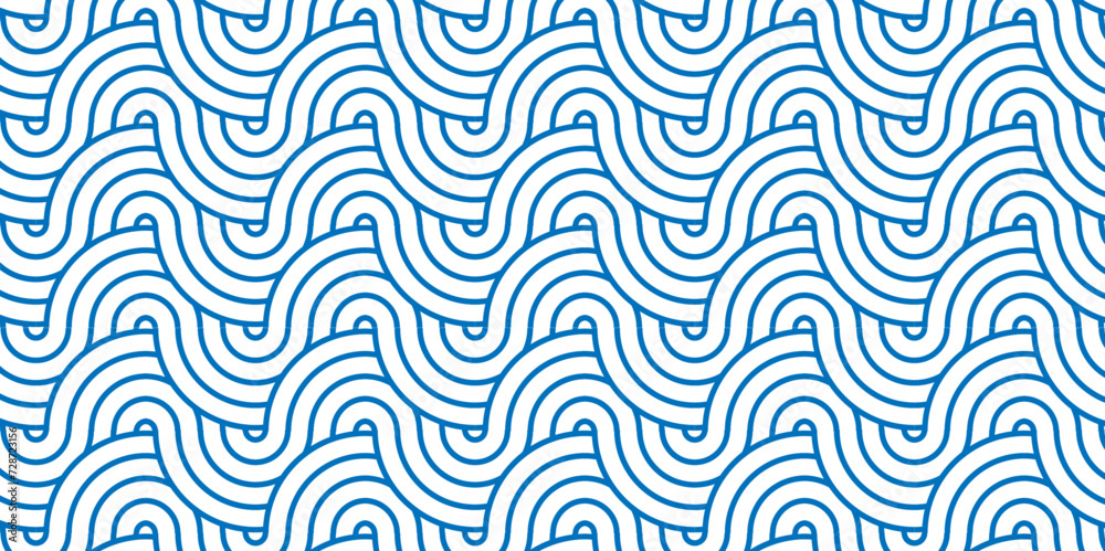 Naklejka premium Modern diamond geometric waves spiral pattern and abstract circle wave lines. blue seamless tile stripe geomatics overlapping create retro square line backdrop pattern background. Overlapping Patter