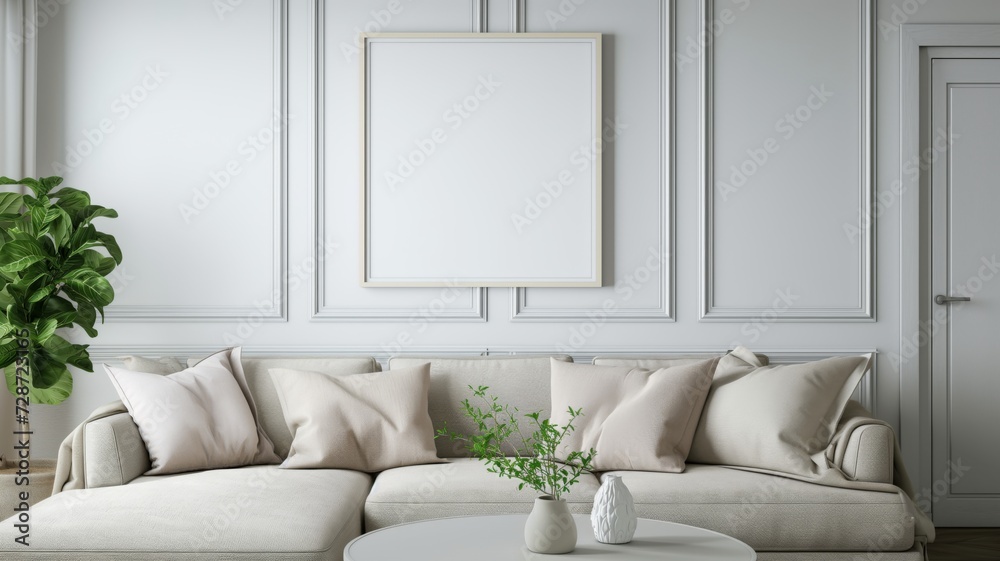 Fototapeta premium White, light interior, Scandinavian style, rectangular blank paintings hanging on the wall. Minimalism.