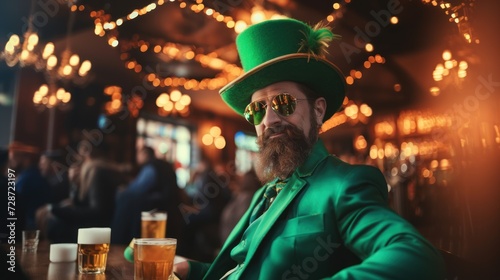 Man wearing leprechaun hat, green suit and sunglasses. Celebration in Ireland pub