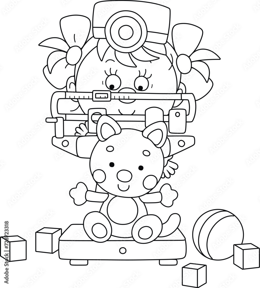 Cute little girl playing doctor and measuring a weight of her funny toy cat in a playroom of a nursery school, black and white outline vector cartoon illustration for a coloring book Cute little girl playing doctor and measuring a weight of her funny toy cat in a playroom of a nursery school, black and white outline vector cartoon illustration for a coloring book
