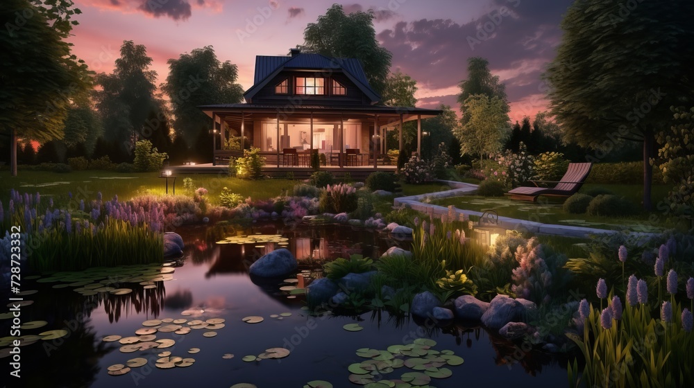 Obraz premium Lonely illuminated villa in nature by a pond at dusk