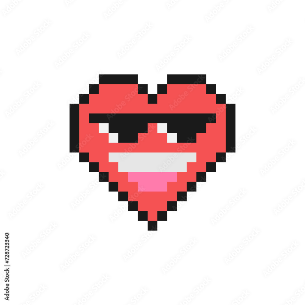 Smiling face with sunglasses head emoji. Pixel heart shaped emoji.