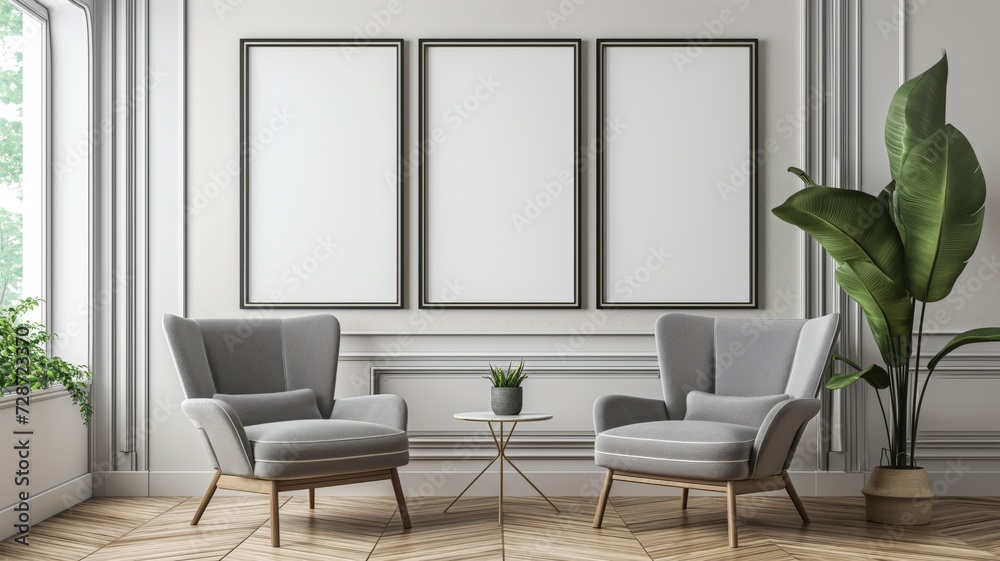 Scandinavian interior style, two armchairs and a small table, three empty paintings on the wall, light color, vertical frames. Scandinavian interior style, two armchairs and a small table, three empty paintings on the wall, light color, vertical frames.