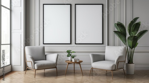 White  light interior  Scandinavian style  floor-to-ceiling windows. Two rectangular blank paintings in a black frame are hanging on the wall.