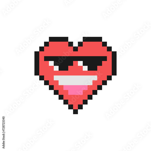 Smiling face with sunglasses head emoji. Pixel heart shaped emoji.
