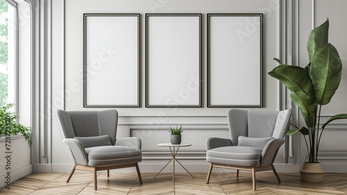 Scandinavian interior style, two armchairs and a small table, three empty paintings on the wall, light color, vertical frames.