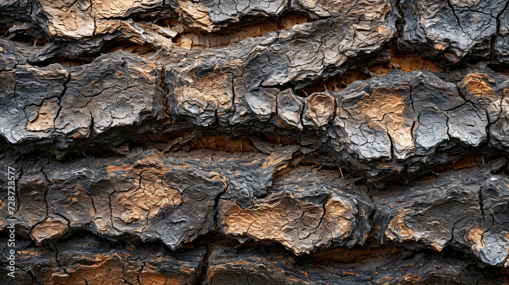 Detailed close-up of tree bark with a rich texture and contrasting dark and light brown patterns, ideal for natural backgrounds.
