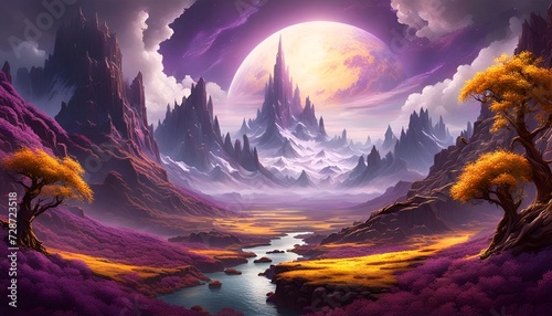 Fantasy sunset over the mountains with clouds and big moon