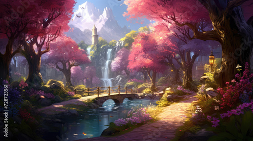  Fantasy landscape fairy tale. A lush garden with blooming pink and blue flowers, the vibrant colors creating a vivid and refreshing natural landscape.. © AL