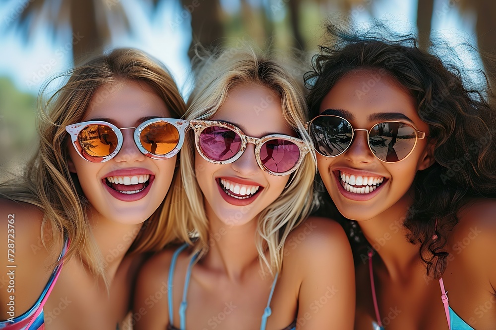Sunny Moments of Joy Three Female Friends Embracing Laughter and Fun in Playful Beach Revelry Under the Radiant Coastal Sun Sunny Moments of Joy Three Female Friends Embracing Laughter and Fun in Playful Beach Revelry Under the Radiant Coastal Sun