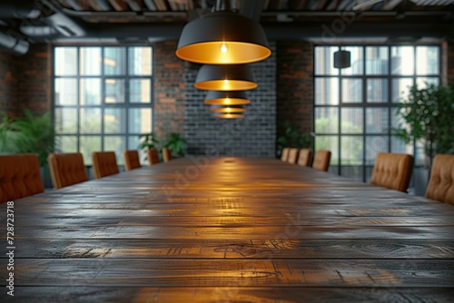 Contemporary Collaboration Empty Wooden Conference Meeting Table in a Stylish Loft-Style Office Setting, Ready for Creative Business Discussions