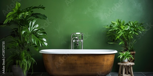 Modern bathtub  sink  and houseplants in a green-walled bathroom.