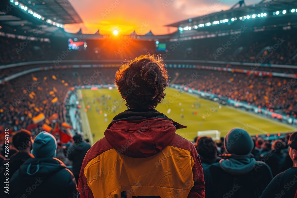 Obraz premium Soccer fan or football fan with flag at cheering while winning match. Generative AI