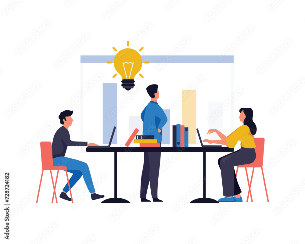 Vector illustration. Training of office staff. Increase sales and skills. Team thinking and brainstorming. Analytics of company information vector