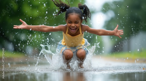 A cute and happy african american girl  playing on the water