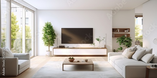 Modern living room with TV and cozy sofas in a roomy apartment with big window and white walls.