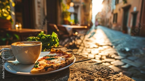 Vacations and recreation day, Cup of espresso coffee with slices of pizza with beautiful Italian street, relax, cafe, breakfast, morning, white, beverage, hot, caffeine © Polpimol