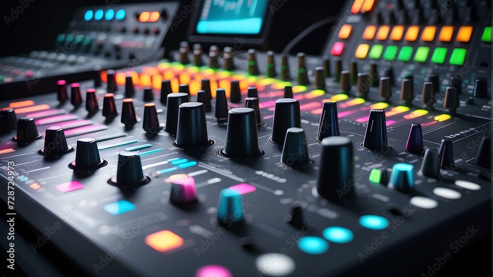 Studio Mixer with Vibrant Lights: Dynamic Sound Engineering