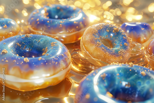 Shiny, glistening blue glazed donuts on gold - Generative AI