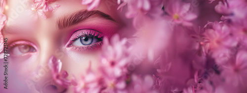 Closeup portrait of beautiful woman with makeup. Fashionable photo in pink colors. Spring concept. Trees in blossom. Flowers. Concept of environmental friendliness and naturalness of cosmetic products