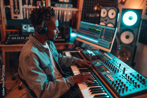 Photo of an Afro-American musician working in a music studio. Music production concept - Male sound producer working in home recording studio.