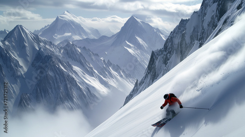 Skier going downhill in the French Alps photo