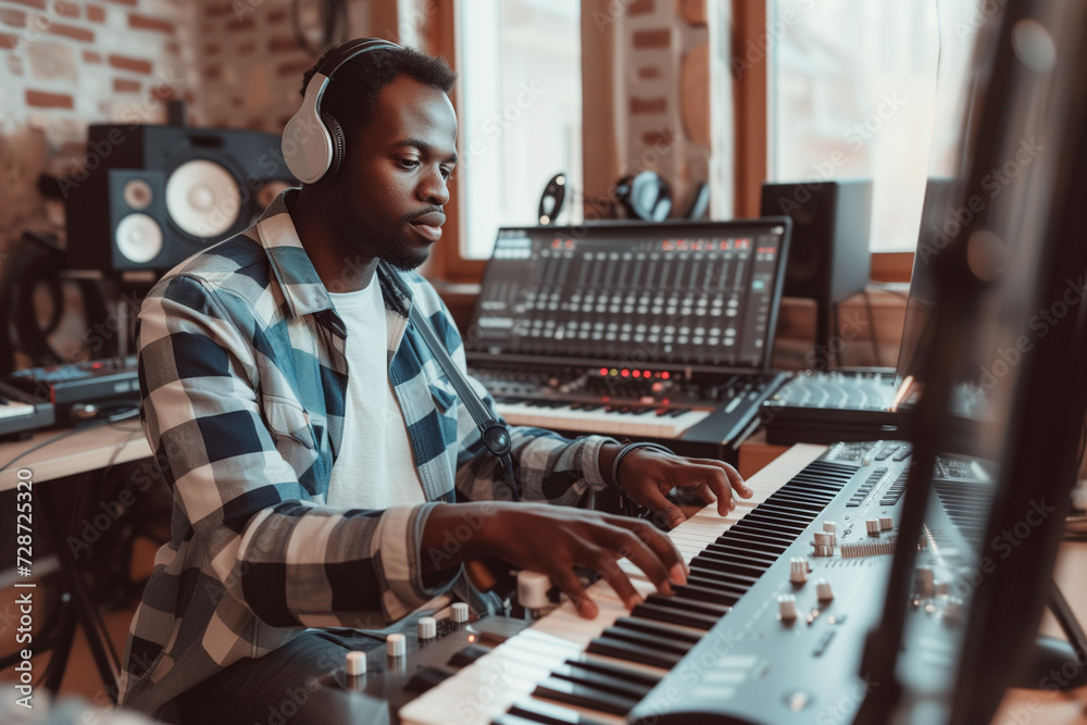 Photo of an Afro-American musician working in a music studio. Music production concept - Male sound producer working in home recording studio.