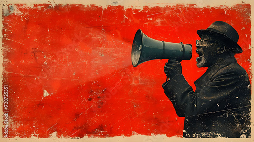 Retro collage style poster. African-American man using megaphone for protesting against racism, for social rights, for equality, for freedom. Red and black contrast graphics with copy space.