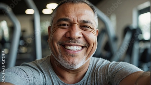 Close-up selfie of a cheerful middle-aged mixed-race man with a grey beard, in a gym, wearing a grey shirt, with a radiant smile and engaging presence.