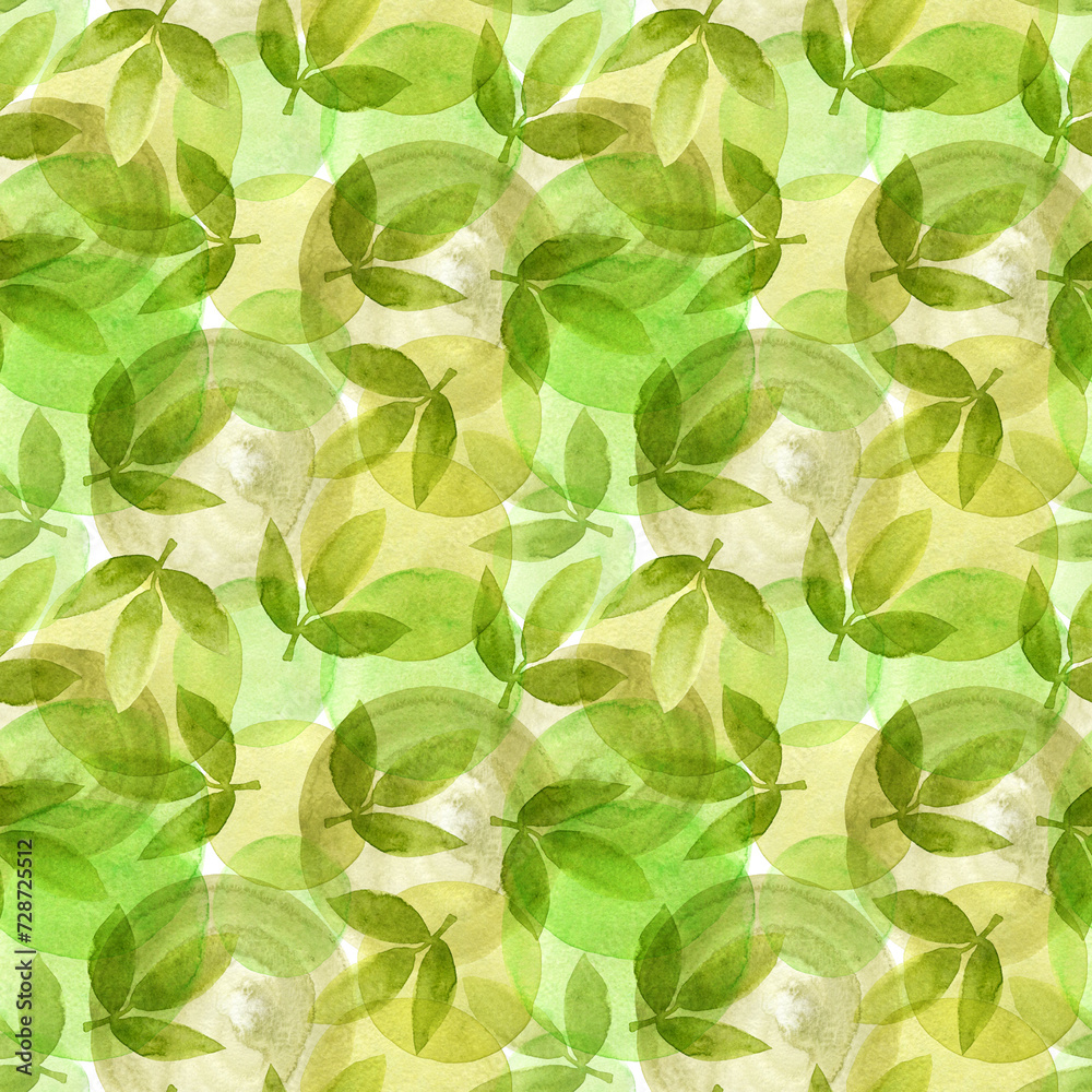 Juicy green leaves and watercolor circles of yellow and light green on a white background.