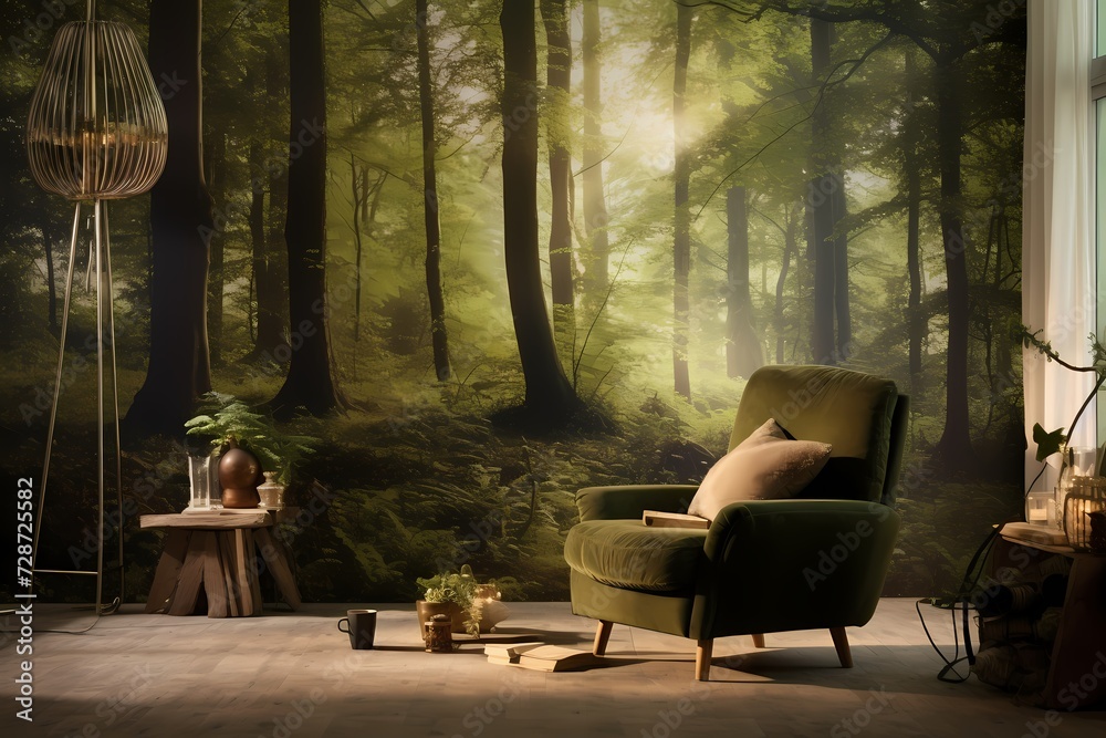 A forest-inspired wallpaper with towering trees and dappled sunlight, bringing the beauty of nature into the living space