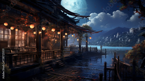 Illustration of Japanese or fantasy eastern landscape. Night, ancient street. Anime Like background. Digital painting. For Poster, invitation, flyer, banner, email, header. Generative Ai content