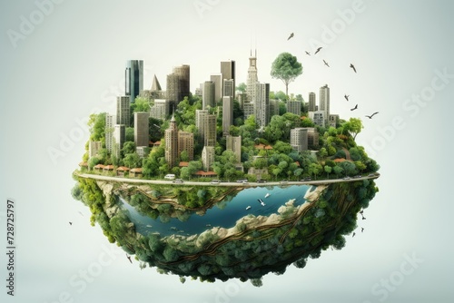 A photograph showcasing a floating island carrying a city on its surface.