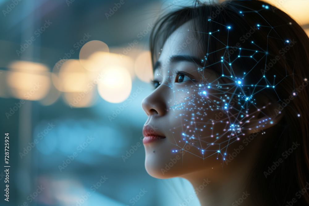 Visionary young woman with digital neural network overlay, symbolizing AI, technology, and cognitive connectivity Visionary young woman with digital neural network overlay, symbolizing AI, technology, and cognitive connectivity