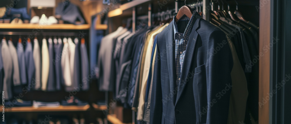 Elegance in retail, a fine selection of men's suits and a plaid shirt on a mannequin in a boutique