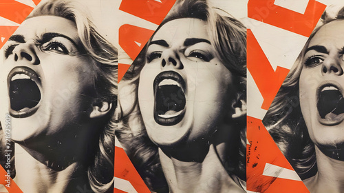 Creative retro collage style poster of a woman screaming. Portrait of a blonde woman. Propaganda vintage style banner. Red and black contrast colors. Pop art banner.