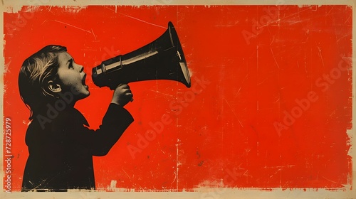 Retro collage style poster. A young girl is using megaphone and shouting. Can be used as an appeal for the protection of children's rights. Red and black contrast graphics with copy space.
