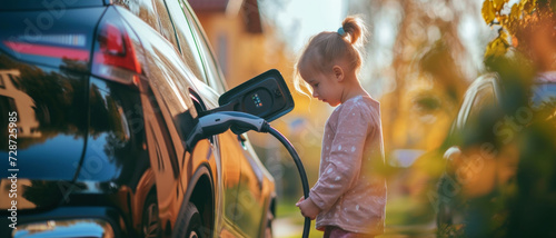 A curious child observes the charging process of an electric vehicle, symbolizing the new generation's environmental awareness
