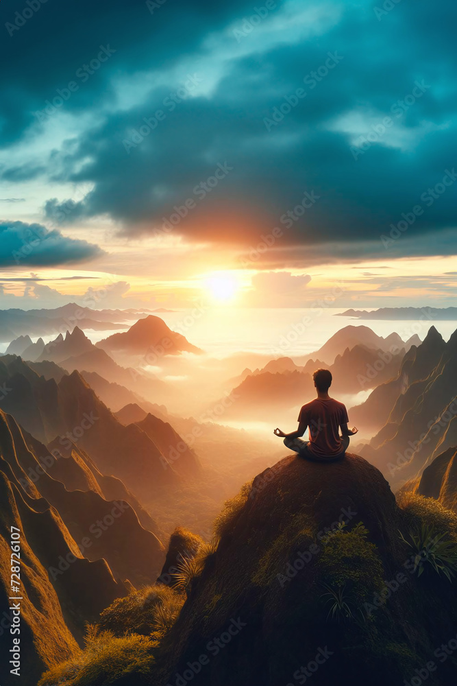Meditation, landscape and man sitting on mountain top for mindfulness and spirituality. 