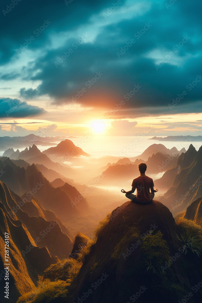 Meditation, landscape and man sitting on mountain top for mindfulness and spirituality. Meditation, landscape and man sitting on mountain top for mindfulness and spirituality.