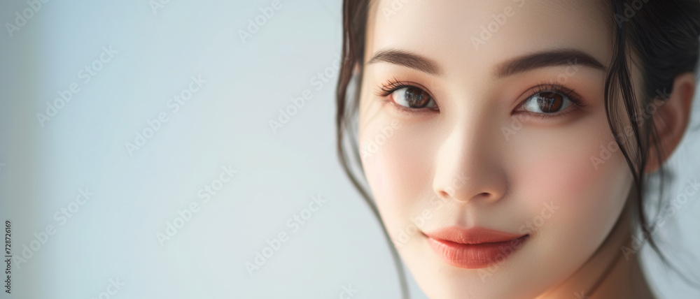 A radiant Asian woman's portrait exudes a serene elegance, her eyes speaking volumes of grace and composure A radiant Asian woman's portrait exudes a serene elegance, her eyes speaking volumes of grace and composure