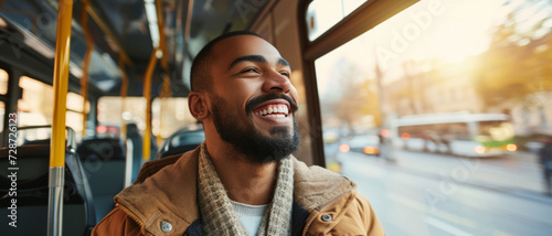A man enjoys his commute with a contented smile, finding joy in the simplicity of a city bus ride © Ai Studio