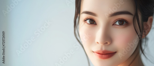 A radiant Asian woman s portrait exudes a serene elegance  her eyes speaking volumes of grace and composure